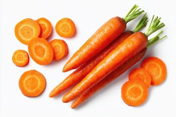 Fresh, sliced carrots on white background