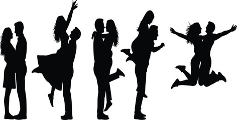 Romantic Silhouettes of Young Couples Hugging, Kissing, and Energetically Jumping Together, Expressing Deep Love, Joy, Passion, and Celebration of their Intimate and Happy Relationship.