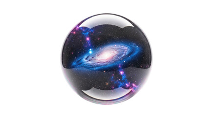 A clear glass sphere containing a vibrant spiral galaxy with blue and pink cosmic dust against a dark starry background, isolated on white.
