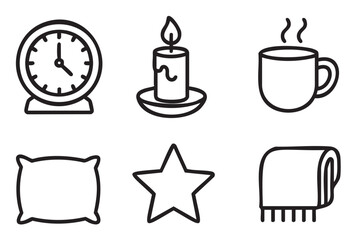 Minimalist black outline icon set representing bedtime, comfort, and cozy routines with a clock, candle, hot drink, pillow, star, and blanket