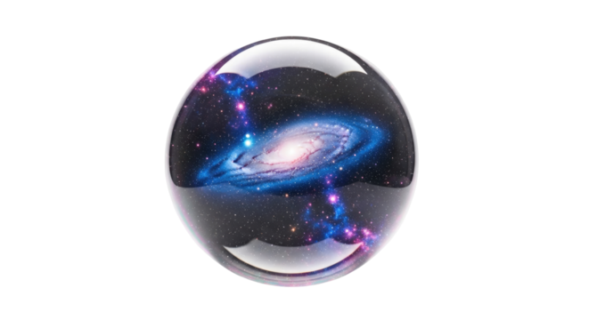 A clear glass sphere containing a vibrant spiral galaxy with blue and pink cosmic dust against a dark starry background, isolated on white.
