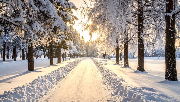 Winter road through a snowy forest with sunshine and snowy trees along the pathway - Powered by Adobe
