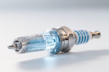 Macro shot of futuristic spark plug with blue transparent metal detail