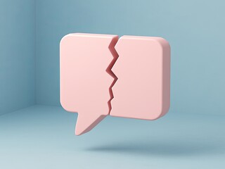 A broken pastel 3D chat balloon in a pastel blue room conveys dissatisfaction with communication.