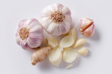 Two whole heads of garlic, slices, and a piece of ginger arranged on a white surface