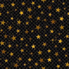 Golden stars and lights on a transparent background, seamless pattern, background. Suitable for banners, posters, websites, wallpapers and textile backdrops. Vector illustration.