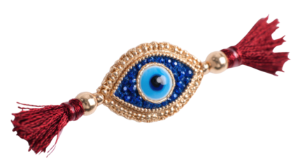 Golden decorative evil eye amulet bracelet with blue beaded center and red tassels symbolizing protection luck and cultural tradition design on white background