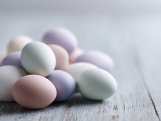 Easter eggs in pastel tones arranged on rustic table, macro detail, pastel tones, premium look, natural daylight, ample space for text, ideal for commercial use
