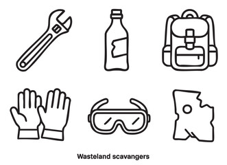 Graphic illustration showcasing black outline icons of survival gear for wasteland scavengers, including a wrench, bottle, backpack, gloves, goggles, and a map