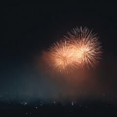 Fototapeta premium fireworks exploding over city skyline at night, top view, warm earthy hues, premium look, golden hour tone, minimal composition, generic props only