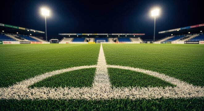 Empty stadium view at night showing a bright green playing field - Powered by Adobe