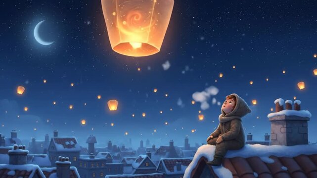 3D animation of a child on a snowy rooftop releasing a glowing sky lantern. Magical winter night scene with floating lights, stars, and a crescent moon. Holiday wish and dream concept