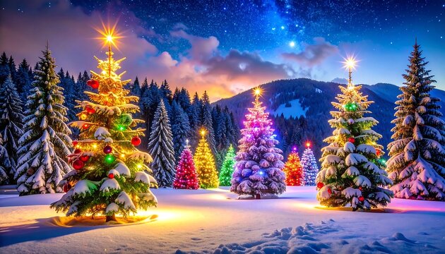 Winter scene of Christmas trees of diverse colors lit with fairy lights on snowy ground. A mountain backdrop and a starlit sky - Powered by Adobe
