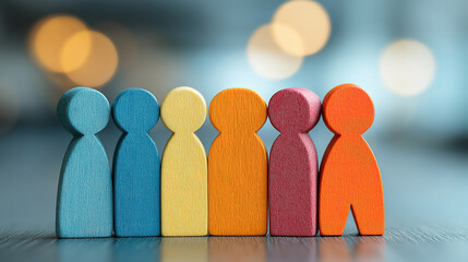 Teamwork and collaboration shown with six wooden figures standing in unity on office table