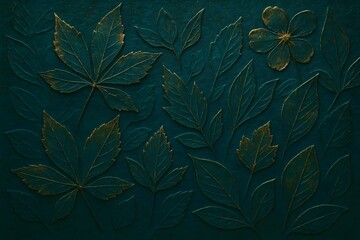 Design Hintergrund - Wandoberfl&auml;che - Bl&auml;tter - Relief - Dunkelt&uuml;rkis