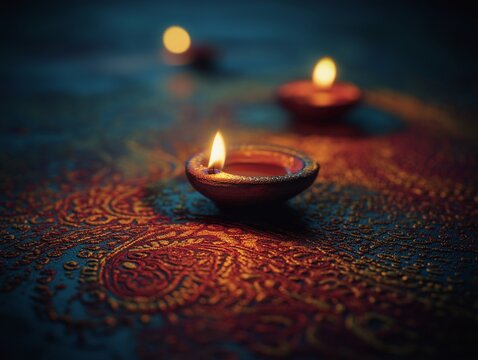 Close-up of oil lamps on colorful rangoli  - Powered by Adobe