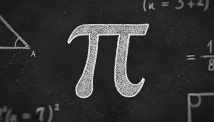 Chalk drawn pi symbol on blackboard celebrating mathematics education scientific discovery and world pi day in the classroom