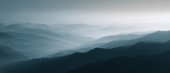 Fototapeta premium mountain landscape with sunrise and misty valleys, top view, monochrome palette, premium look, soft diffused glow, minimal composition, generic props only