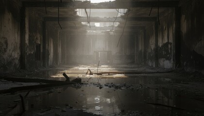 Dim flooded concrete corridor of ruined building with dust in light beam, concept of war aftermath, disaster recovery and fragile urban resilience