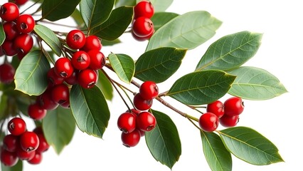 &ldquo;Close-up of Vibrant Red Winter Berries on a Green Leafy Branch Isolated on a Bright White Background&rdquo;