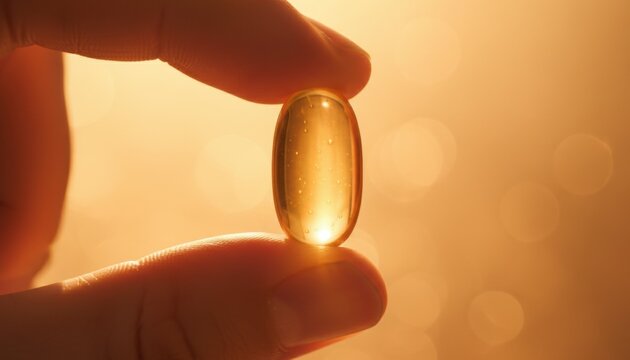Hand holding glowing golden supplement capsule in warm sunset light, representing vitamin wellness trend, daily self care and modern biohacking lifestyle