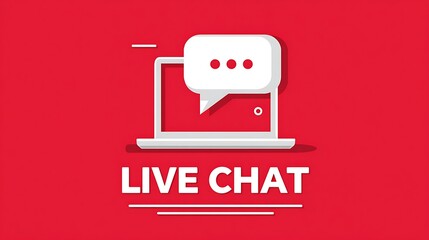 Live chat digital graphic with laptop and speech bubble red background illustration