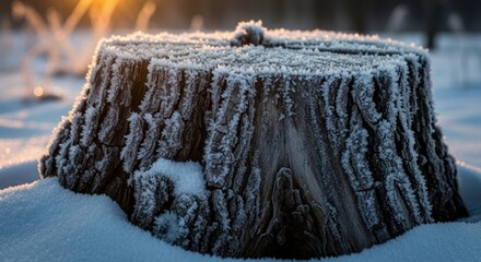 Frost-covered tree stump in snow, warm light in background
