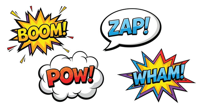 Comic book style explosion words boom zap pow and wham