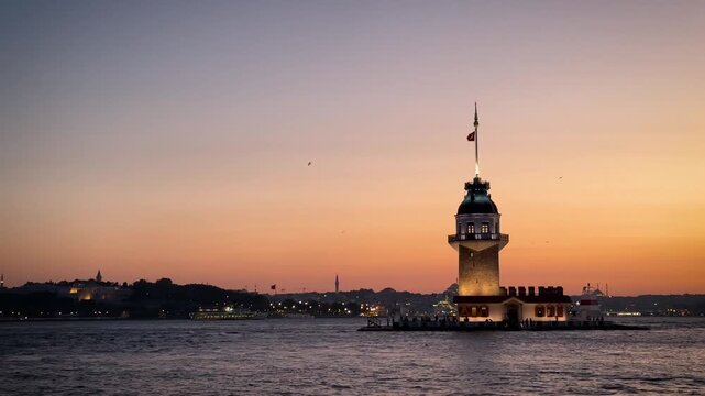 The Maiden&rsquo;s Tower (Turkish: Kiz Kulesi), also known as Leander&rsquo;s Tower (Tower of Leandros). Popular touristic area in Istanbul, Turkiye.