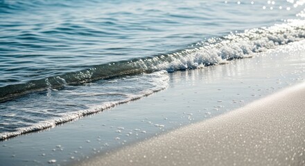Gentle wave washes over a sandy beach, sunlit water glistening