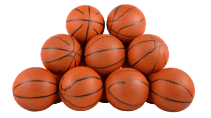 Stacked group of textured basketballs arranged in pyramid shape representing sports training equipment athletic competition and teamwork concept on white background