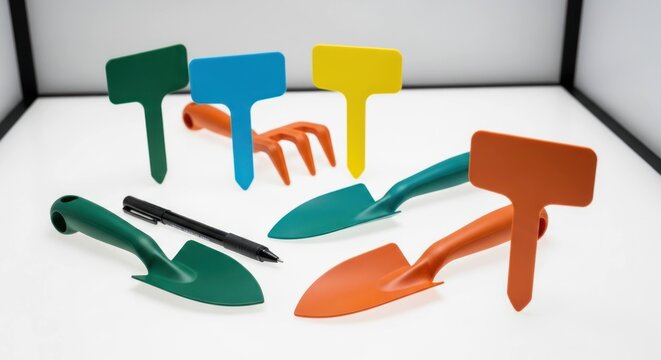 Gardening tools and colorful plant markers on a white surface in studio lighting