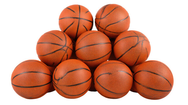 Stacked group of textured basketballs arranged in pyramid shape representing sports training equipment athletic competition and teamwork concept on white background - Powered by Adobe