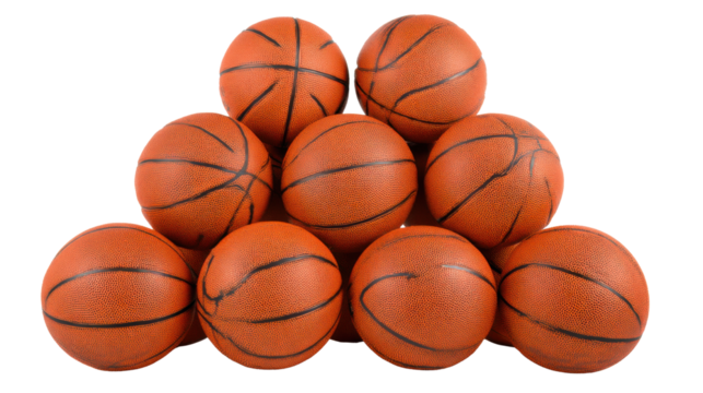 Stacked group of textured basketballs arranged in pyramid shape representing sports training equipment athletic competition and teamwork concept on white background