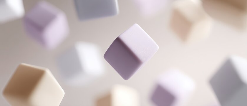geometric 3D shapes floating in controlled depth field, close-up shot, pastel tones, premium look, controlled studio lighting, clean background for typography, generic props only