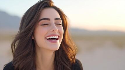 Joyful woman enjoying sunny day in desert landscape with closed eyes and bright smile, capturing a moment of happiness and tranquility during golden hour
