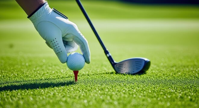 Gloved hand tees up golf ball on lush green grass near a club