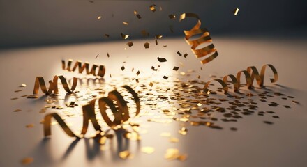 Obraz premium Golden confetti and curling ribbons scattered on a bright surface