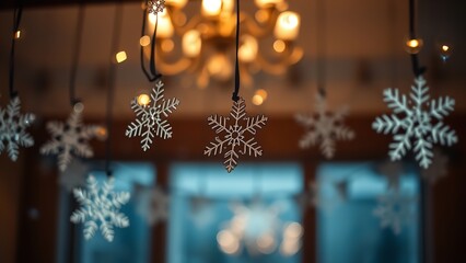 &ldquo;Glowing Hanging Snowflake Decorations in a Cozy Winter Evening Setting with Warm Lights and Soft Snowfall&rdquo;
