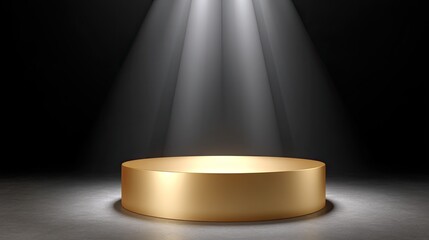 Spotlight on a Reflective Gold Stage Platform in a Dark Setting Ideal for Showcasing Products, Awards or Creative Presentations