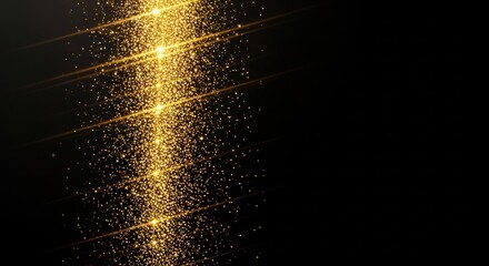 Golden glitter stream with light streaks on dark backdrop