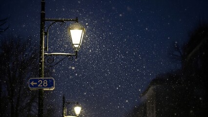 Snowy Night Scene with Illuminated Street Lamps and Falling Snow.