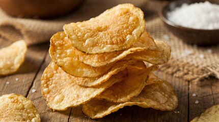 Stack of crispy fried potato chips on rustic wooden table with salt
