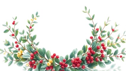 "Elegant Watercolor Winter Berry Garland with Green Leaves and Red Berries in a Semi-Circular Botanical Arrangement"