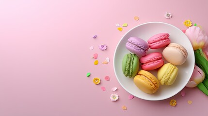 Colorful French Macarons on White Plate Surrounded by Flower Petals on Blurred Pink Background for Delicious Dessert Theme and Bakery Promotion