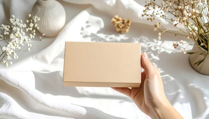Obraz premium Hand holding a plain cardboard gift box on a draped white fabric with dried flowers and decor