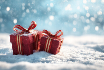 Two elegant red Christmas gift boxes with golden ribbon bows lightly dusted with snow in a serene winter landscape under softly falling snowflakes and blue bokeh glow.