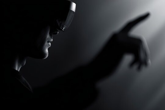 AR headset user interacting with floating UI widgets, wide angle, monochrome palette, advertising mood, dramatic rim light, ample space for text, ideal for commercial use