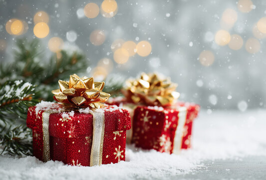 Two red Christmas gift boxes with luxurious gold ribbon bows lightly covered in snow beside frosted pine branches and warm golden bokeh lights in a dreamy winter scene.