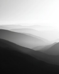 Fototapeta premium mountain landscape with sunrise and misty valleys, top view, monochrome palette, premium look, soft diffused glow, minimal composition, brand-safe, no logos